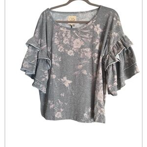 Chaser NWT Gray Floral Print Top With Ruffle Tier Cascading Sleeve